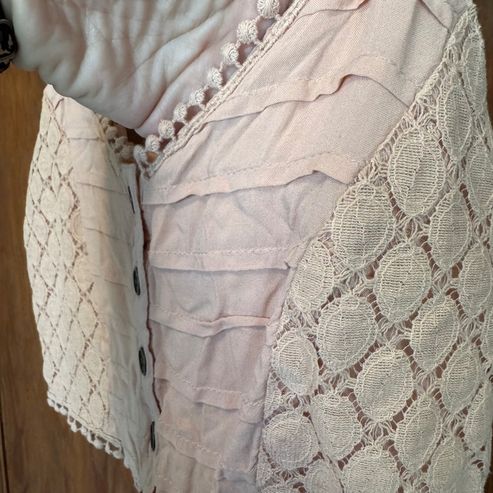 Pink Crochet Lace Smocked Button Up Crop Top Boho Festival L Coquette Fairy Fem - Picture 8 of 11